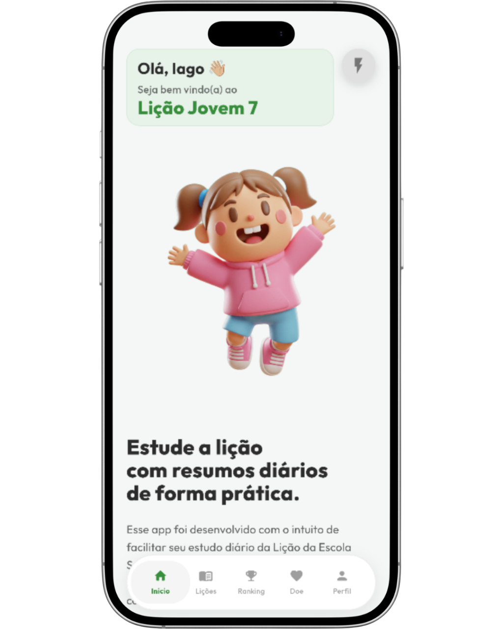 Tela inicial do app LJ7 em um smartphone